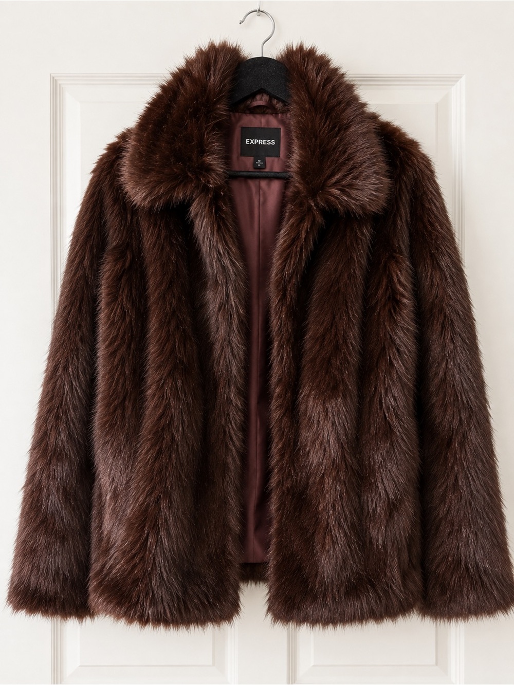 Express Brown Maroon Faux Fur Jacket Coat Size M EUC - Picture 2 of 5